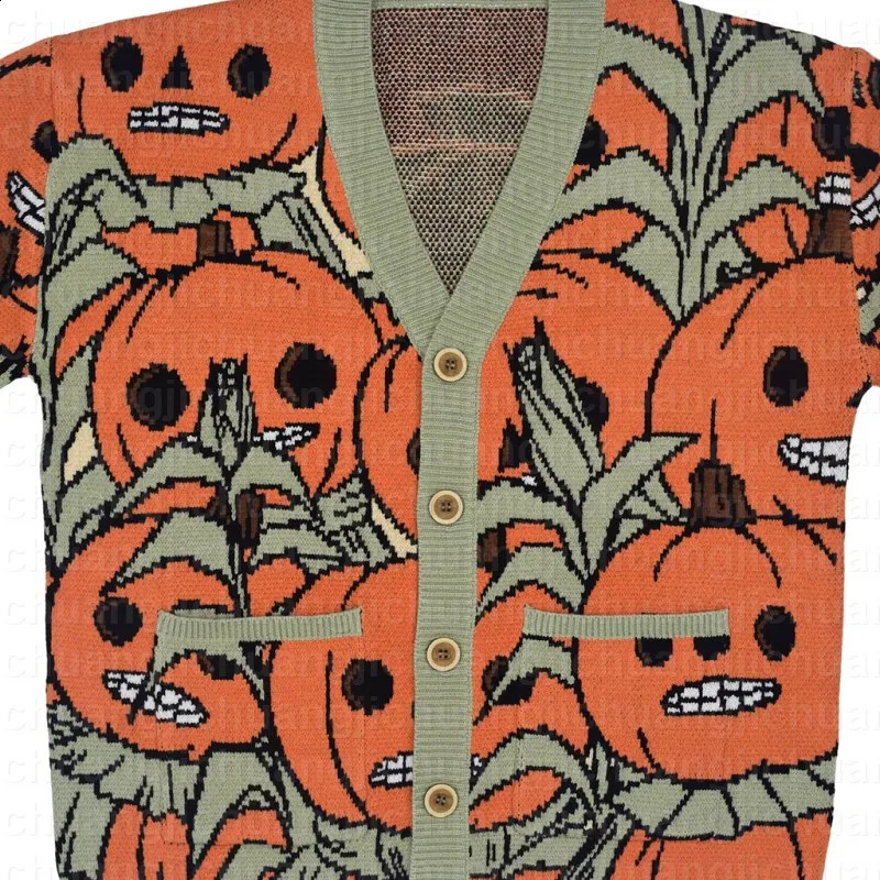 Harajuku V Neck Knitwear Halloween Fun Little Pumpkin Pattern Men Clothing Pullovers Sweaters Creative Stripe Knitted 240824