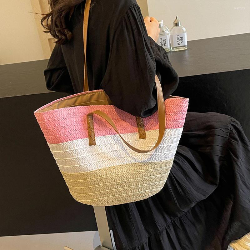 2025 NEW Shoulder Bags Women's Hand-Woven Bag Striped Woven Travel Handbags Summer Ladies Straw Weaving Tote Large Capacity Beach zhanyishengli
