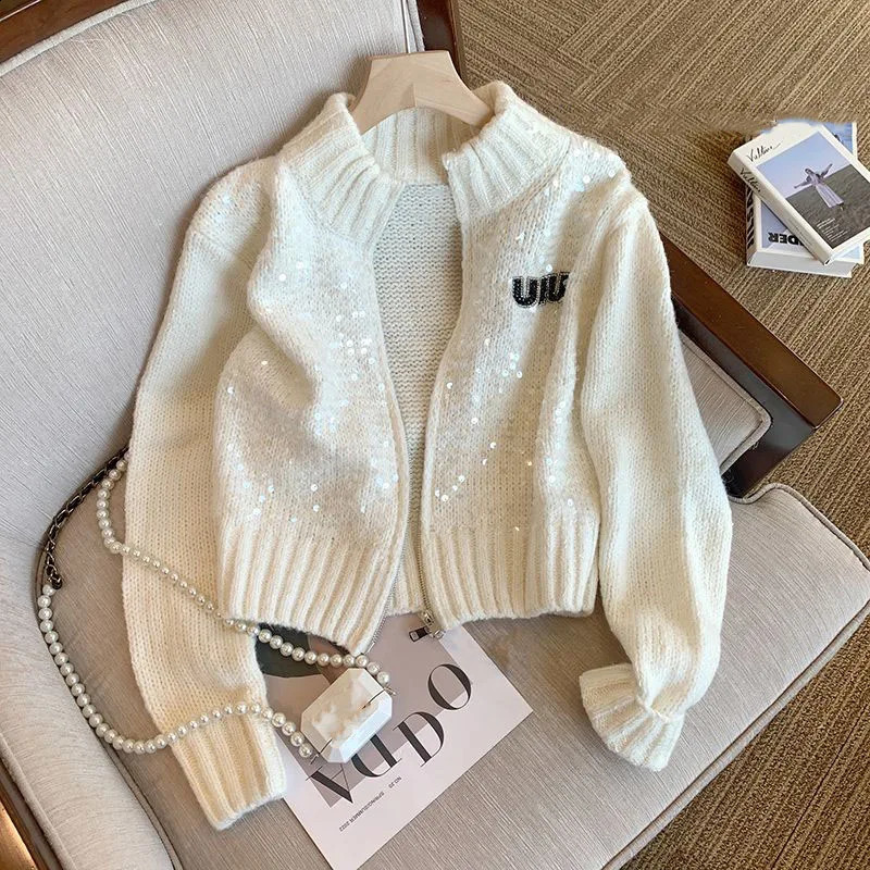 Fashion Sequin Knitwear Woman clothing Stand Collar Zipper Women Sweater Cardigan Long Sleeve Soft Sweater Coat Spring Autumn 240824