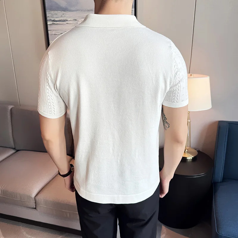 Mens V-neck POLO Shirt Summer Hollow Striped Jacquard Solid Color Casual Short Sleeve knitted T-shirt Mens Clothing 240824