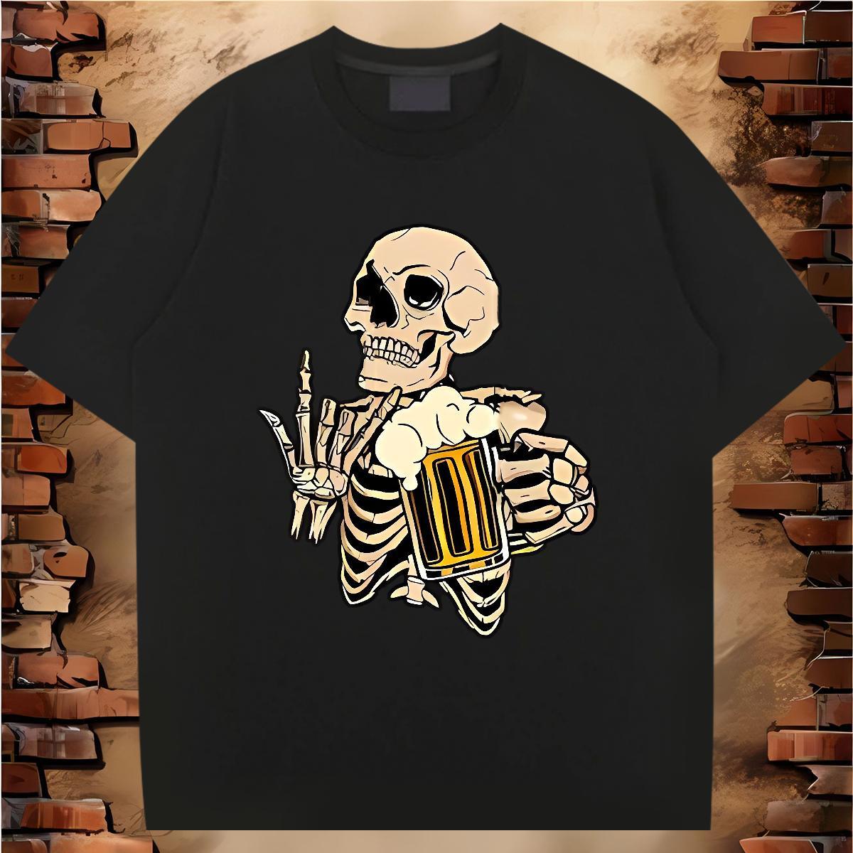 High Quality T Shirts Men 100% Cotton 230g skull Casual Beach Black White Crew Neck Men Tshirts Fashion Polos