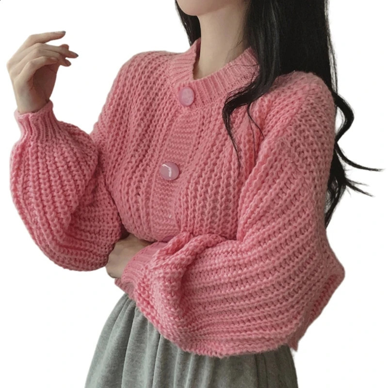 Women Knitwear Crop Top Cardigan Puff Long Sleeve Button Down Plain Sweater Coat 240824