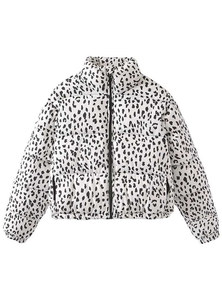 Women's Jackets Women Chic Leopard Print Cropped Zipper Cotton Jacket Elegant Stand Neck Long Slves Coats 2024 Winter Fashion High Strtwear Y2408