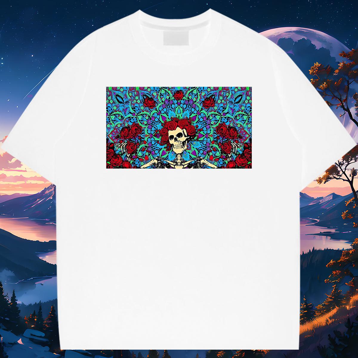 TOP Quality T-Shirts for Men 230g Pure Cotton rose Anime Printing Street Floral Print Short Sleeve Soft Couples T Shirts Casual New Clothes