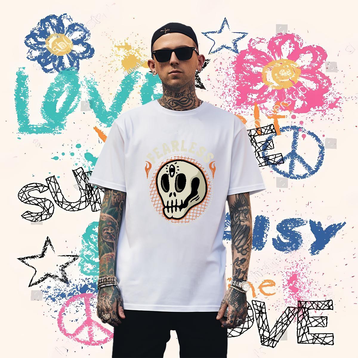 Loose Man T Shirts 100% Cotton 230g skull Beach Custom Printed Pure Cotton Mens Tshirts New Arrival Clothes