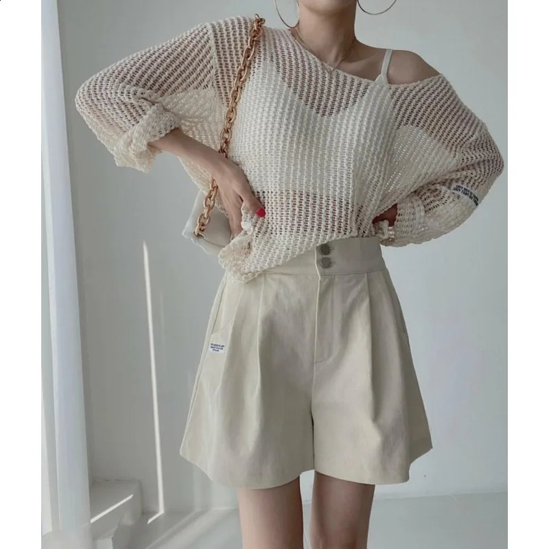 Deeptown Vintage Y2K Knitwear White Womens Sweater Hollow Out Knit Oversize Spring Korean Fashion Pullovers Streetwear Casual 240824