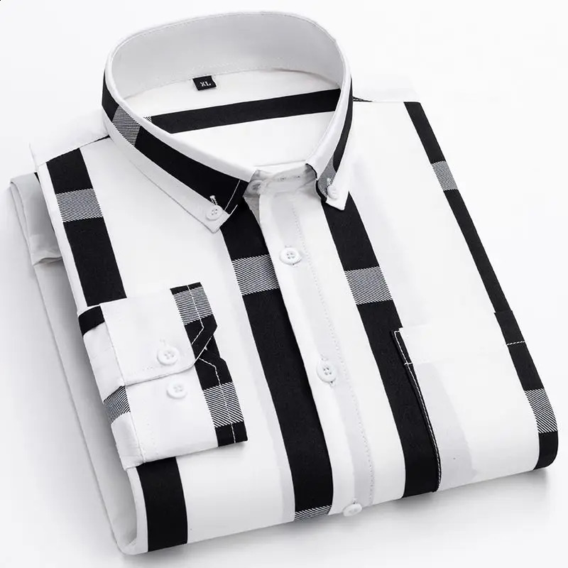 Spring Autumn Fashion Printing POLO Collar Long Sleeve Mens Clothin Shirts Korean Loose Striped Thin Style Pocket Blouse 240824