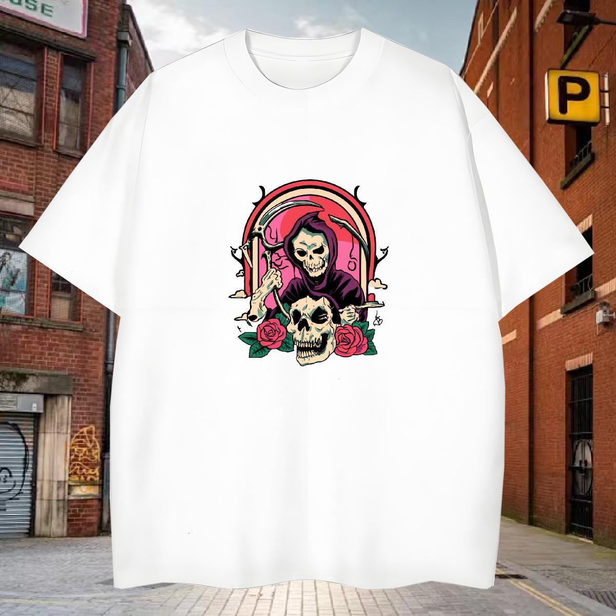 Free Shipping T Shirts Men 230g Pure Cotton skull Street wear Hip Hop Plus Size Cartoon Breathable Soft Men Tees Fashion Tops