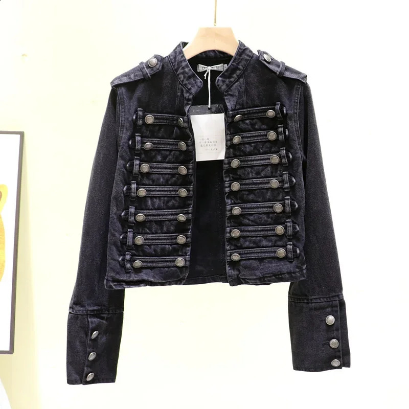 Retro Military Style Handsome Stand Collar Denim Jackets Female Double-breasted Wild Slim Short Denim Jackets Women Outerwear 240824