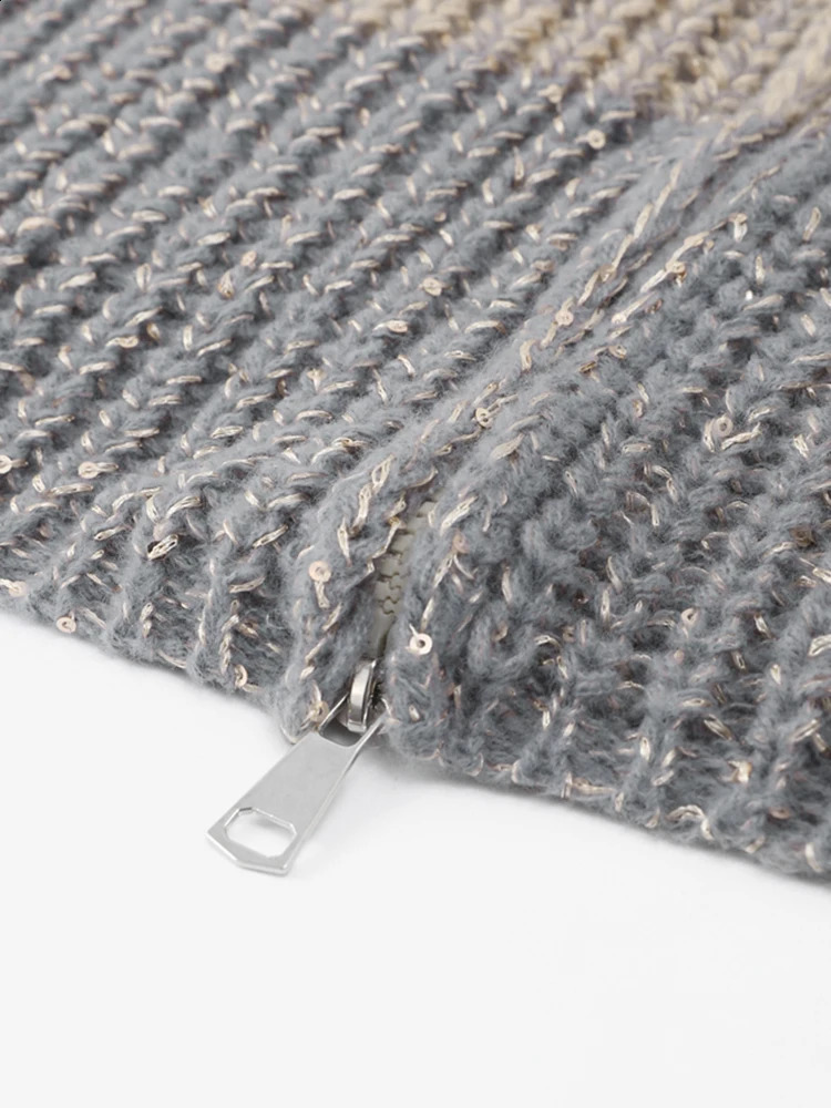 Sequin Knitted Womens Sweater Autumn Bishop Sleeve Zippers Loose Casual Sweaters Female Lady Stand Collar Outerwear 240824