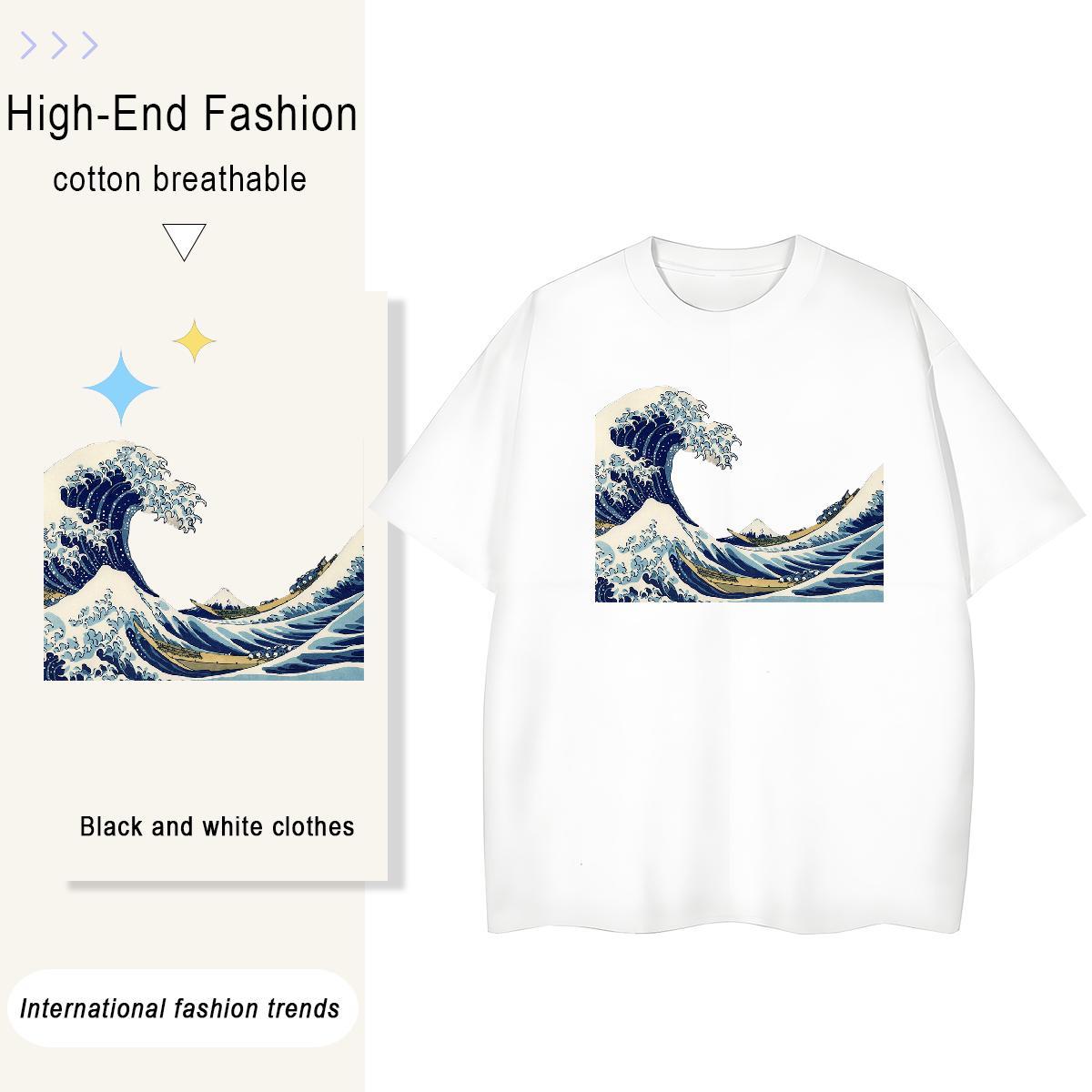 Unisex T-Shirts 230g 100% Cotton sea wave Beach Oversized O-Neck Short Sleeve Men Tees 2024 Designer Tops Shirt