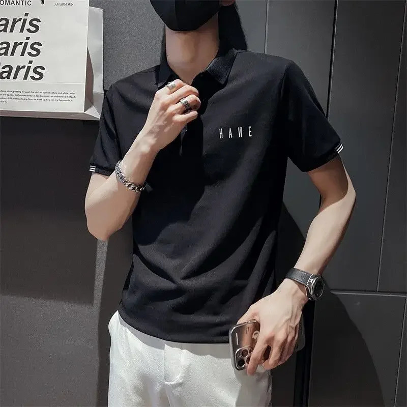 T Shirt for Men 100 Cotton Top Skinny Man with Collar Tee Alphabet Polo Shirts Aesthetic drying Casual Tops Clothes 240824