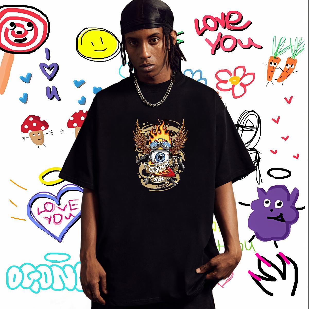 Cool T Shirts Men 230g 100% Cotton skull Hip Hop Street Floral Print Crew Neck Couples T Shirts New Tshirts