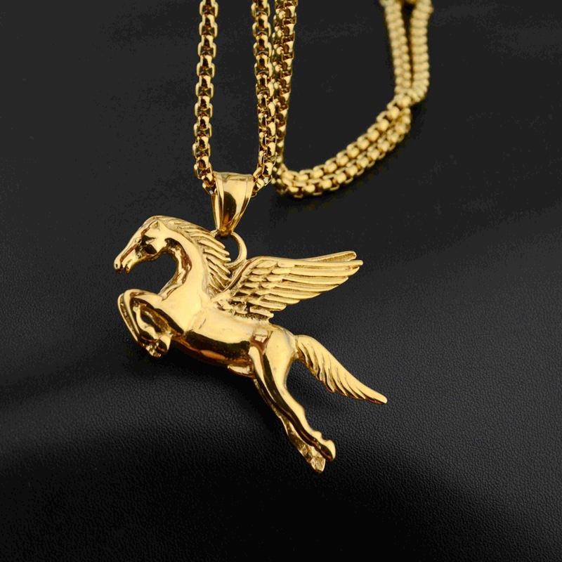 Stainless Steel Pegasus Pendant Necklace 18K Gold Plated No Fade Charm Pegasus Horse Mens Jewelry