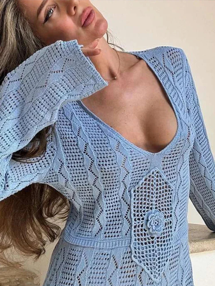 Loose Knitted Beach Long Dress Womens Blue Vneck Full Sleeve See Through Female Dresses Summer Holiday Flower Robe 240824