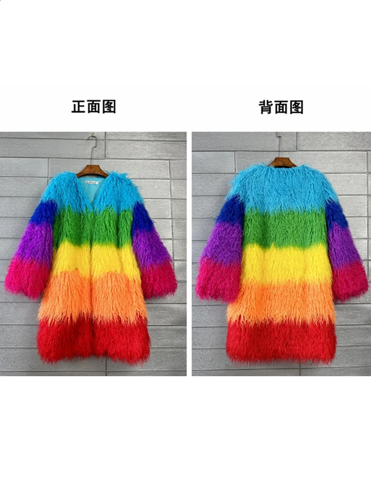 Original n Rainbow faux fur coat womens spliced contrasting color long jacket furry winter 240824