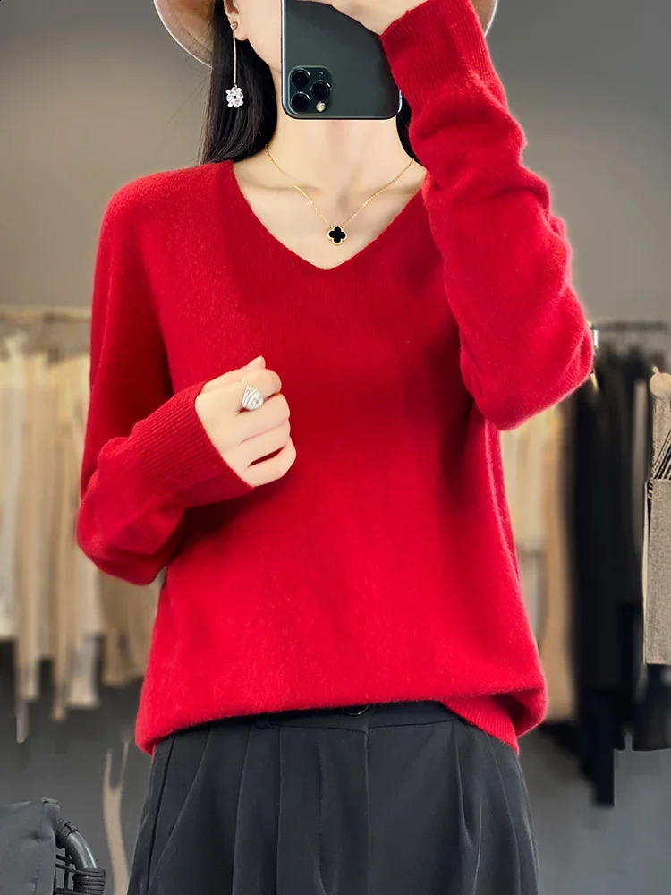 Fashion 100% Merino Wool Sweater Basic Cashmere Women Knitwear Pullover V-Neck Long Sleeve Autumn Winter Clothing Tops 240824