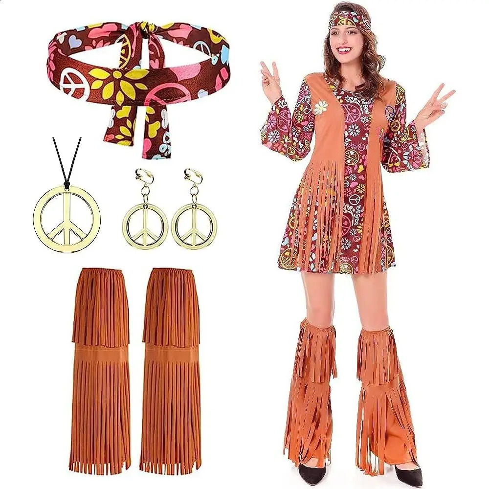 70s 60s hippie costume set 70s costume women disco dress role-playing set Halloween accessories 240824