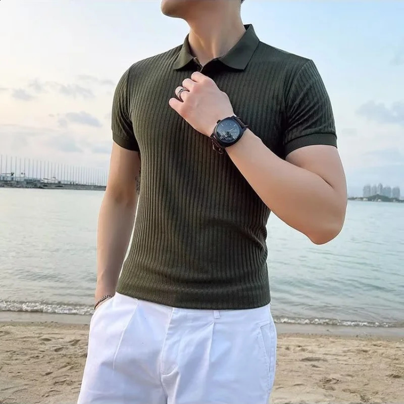 Mens Short Sleeve Slim Ice Silk Thin Style Summer Solid Color Korean Version Casual Lapel Spliced Button Polo Shirt 240824
