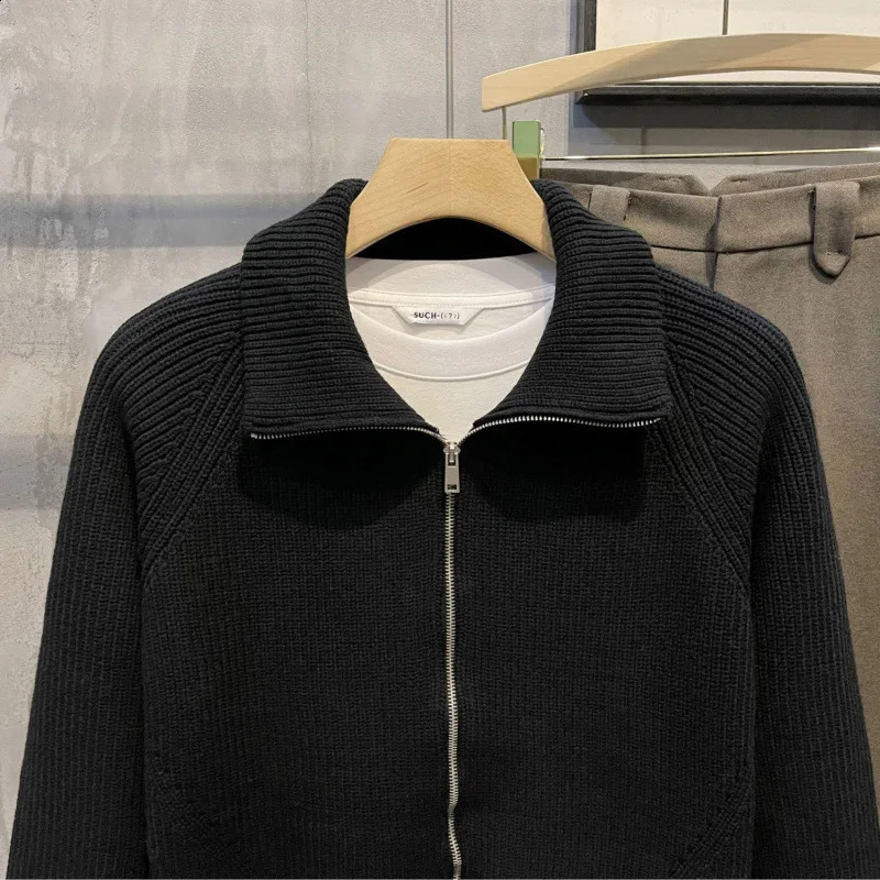 Mens clothing black collar jacket cardigan sweater mens knitted zipper largesized oldfashioned Korean style top 240824