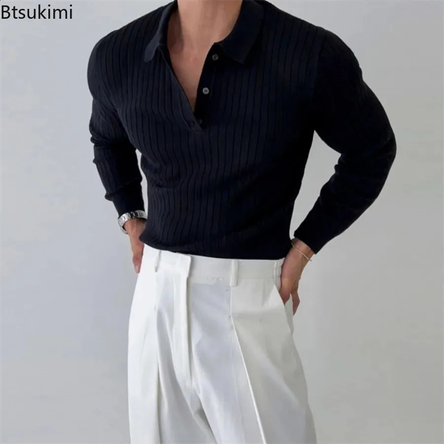 Mens Knitted Polo Shirts Fashion Striped Long-sleeved Lapel Pullover Tops Korean Style Solid Slim Versatile Knit Sweaters 240824