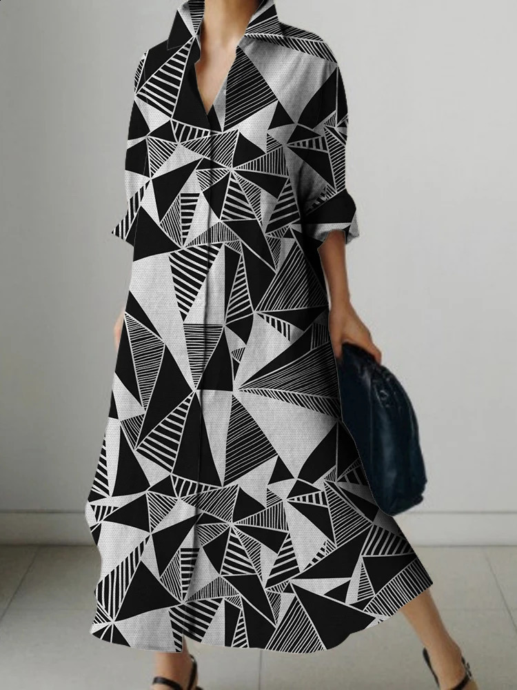 Long Sleeve Lapel Shirt Dress Long Skirt Geometric Print n Womens Loose Dress For Spring And Summer Breathable Comfort 240824