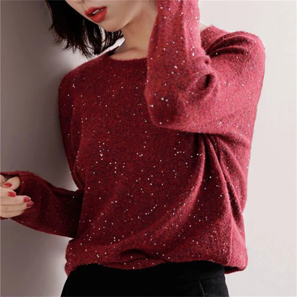 Korean Fashion sweater womens autumn winter solid color shiny wool Pullover Sequin bottomed sweaters Basic outerwear 240824
