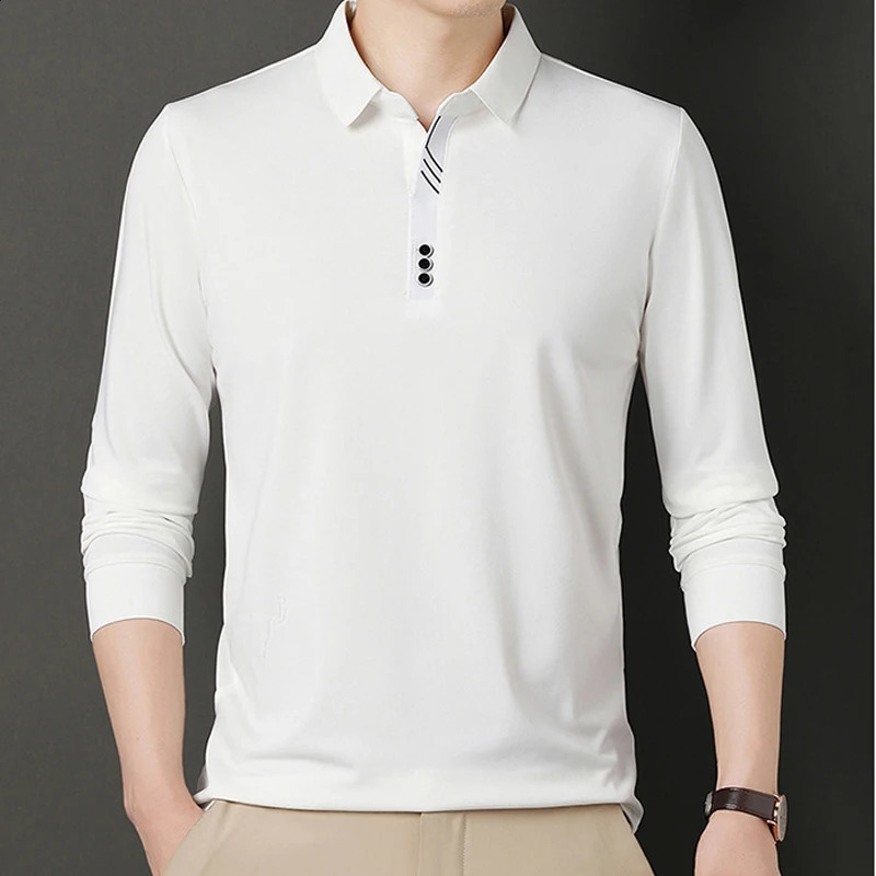 Spring Autumn Korean Fashion Polo Shirt for Men Business Casual Long Sleeve Button Tee Shirts Solid Slim Tops Ropa Hombre 240824
