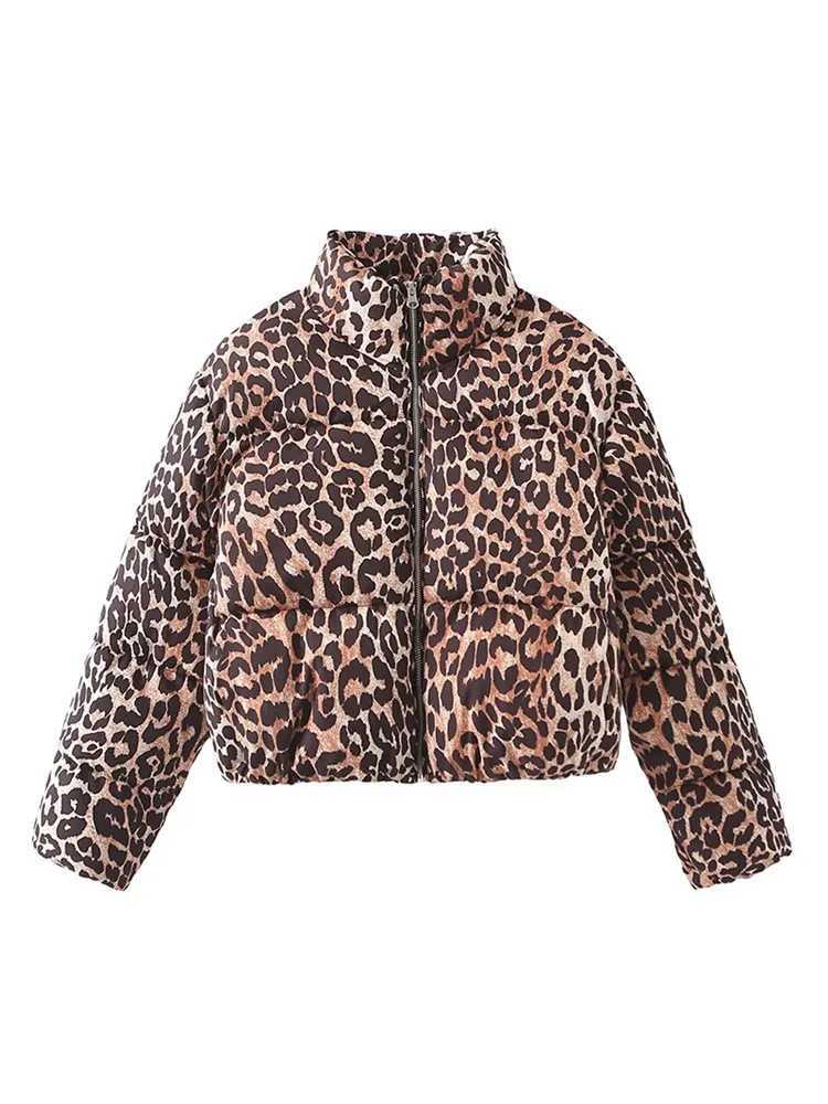 Women's Jackets Women Chic Leopard Print Cropped Zipper Cotton Jacket Elegant Stand Neck Long Slves Coats 2024 Winter Fashion High Strtwear Y2408