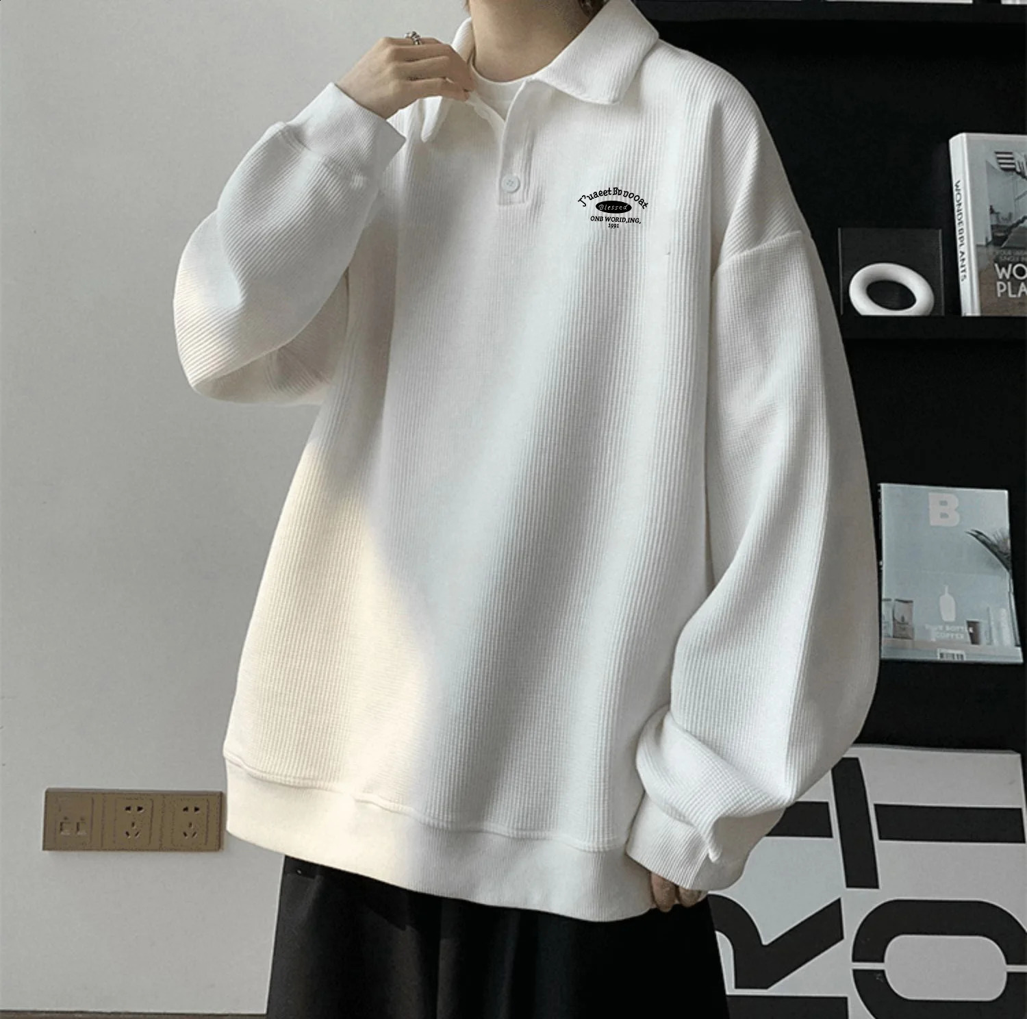 American Retro Pullover Collared Sweatshirt Men Spring Autumn Loose Fitting Ins Trendy Gray Minimalist Long Sleeved Polo Shirt 240824
