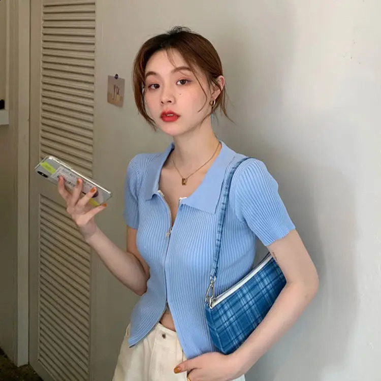 Woman TShirts Knitwear Short Sleeve Double Zipper Summer Polo Shirt T-shirt Crop Top Mujer Camisetas 240824