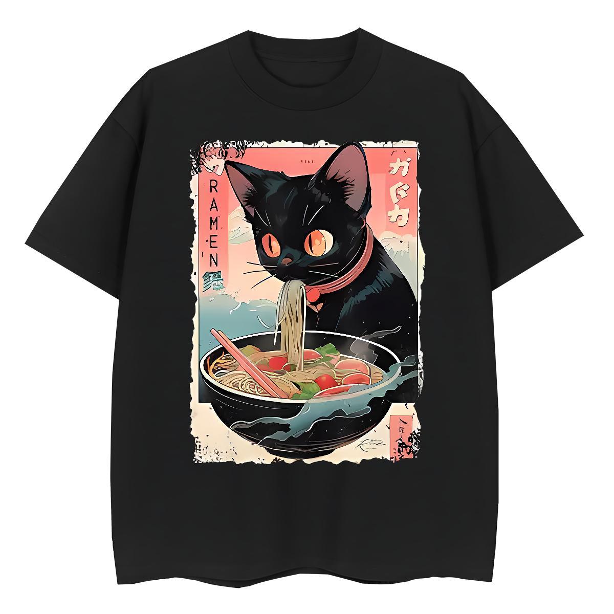 Custom Tshirt for Man Woman The cat eats ramen noodles Home Outdoor 230g 100% Cotton Tees Short Sleeve O-Neck Brand Man T Shirts DIY Printed