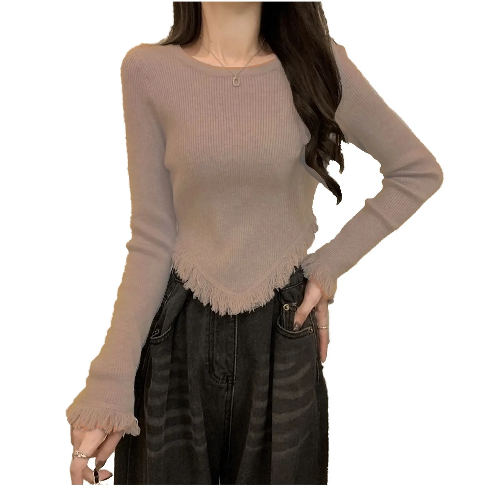 irregular Korean Style Knitted Sweater pullover Tassel T Shirt Women Long Sleeve Shirt Y2k Vintage Streetwear E Crop Tops 240824