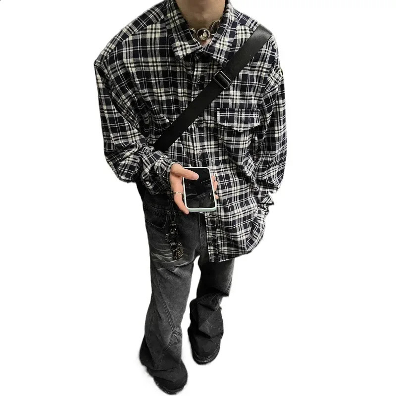 American Style Loose-fit Casual Plaid Shirt For Men Arrival Spring Autumn Fashion Trendy Black White Checkered Vest 240824