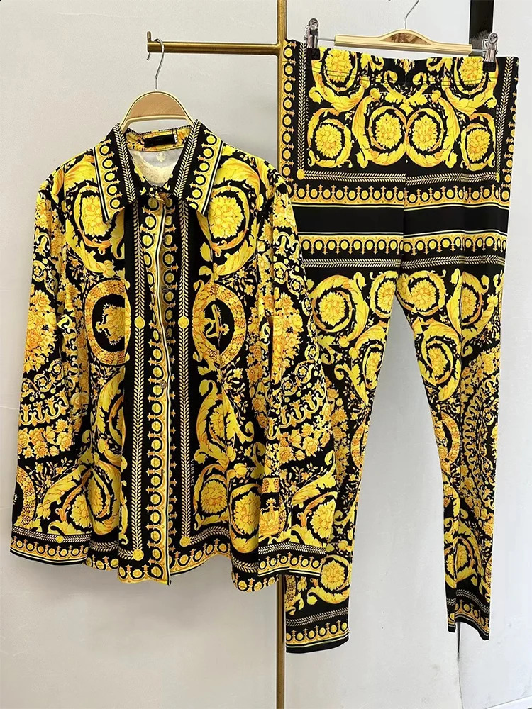 Retro geometric print lapel loose shirt two-piece set 2024 summer womens elastic waist elastic tight pants fashion set 240824