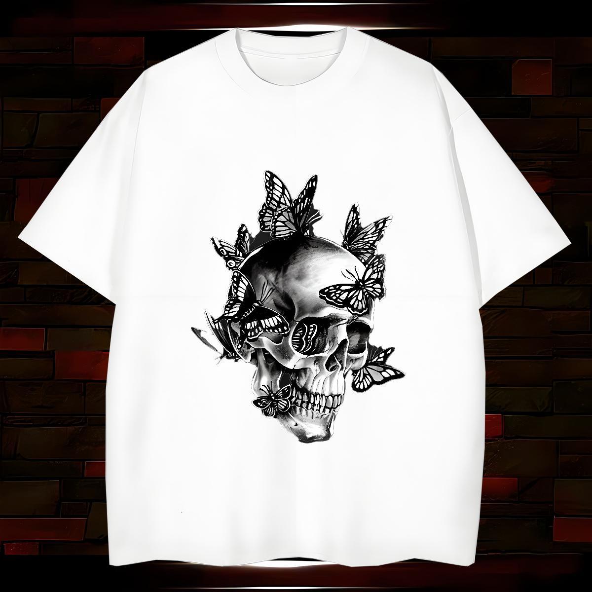 Free Shipping Men T Shirts 100% Cotton 230g butterfly High Street Hip Hop Skull Crew Neck Couples T Shirts Designer Fashion Tops Tees