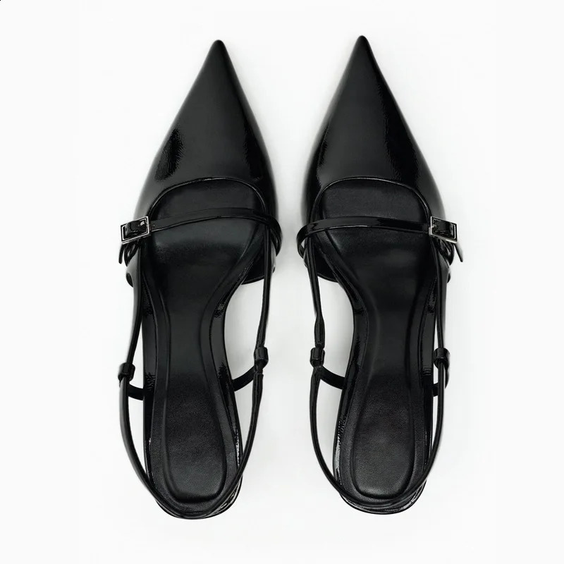 High heels womens sandals 2024 summer elegant black dot toe shallow office suspender slim high heels chic buckle womens mule shoes 240823