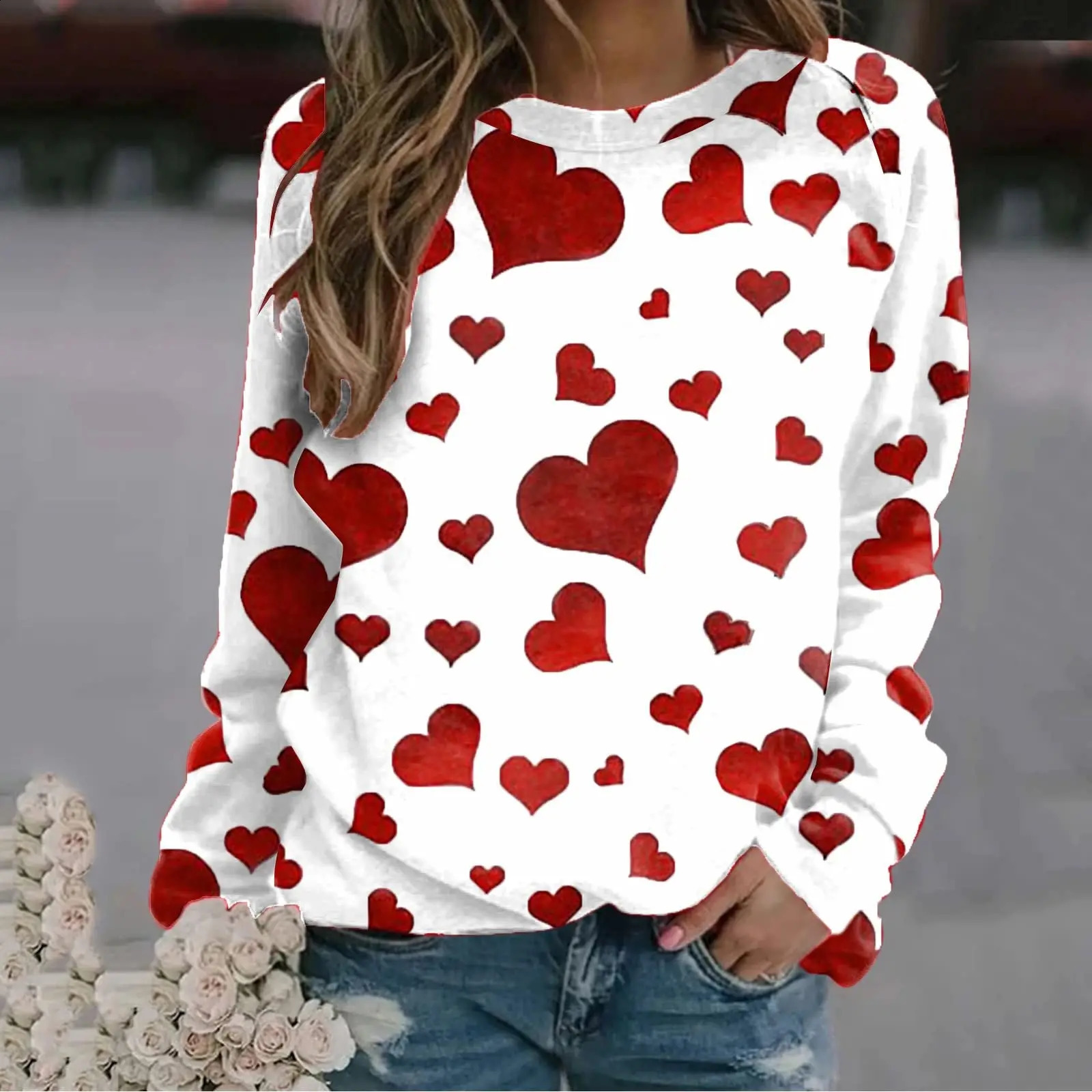 Womens Casual Sweatshirt 3D Love Print Long Sleeve Round Neck Loose Autumn Pullover Fashion Versatile Womens Hoodie 240824