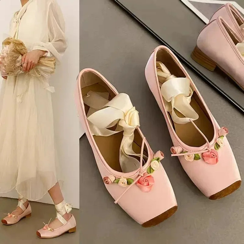 Womens Flat Shoes Pink Ballet Womens Single Shoes Fashion Lace Girls Mary Jane Shoes Sweet Flower Women Spring 240823