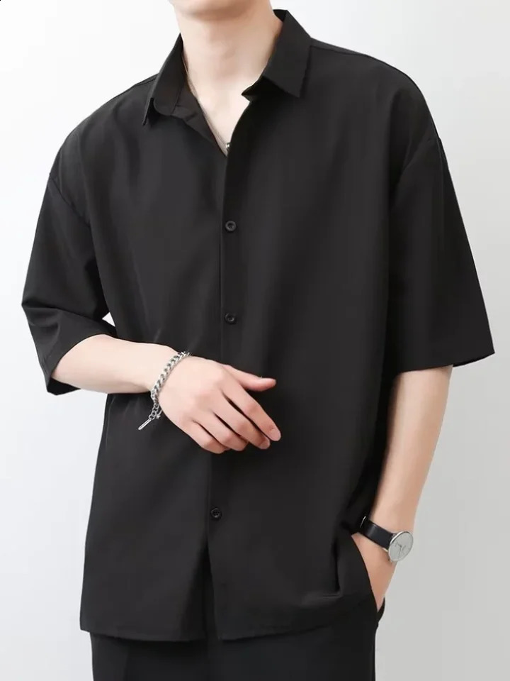 Summer Thin Ice Silk Short Sleeve Shirt Men Trendy Simple Pure Color Loose Casual Top Black White Gray Teens Adults 240824