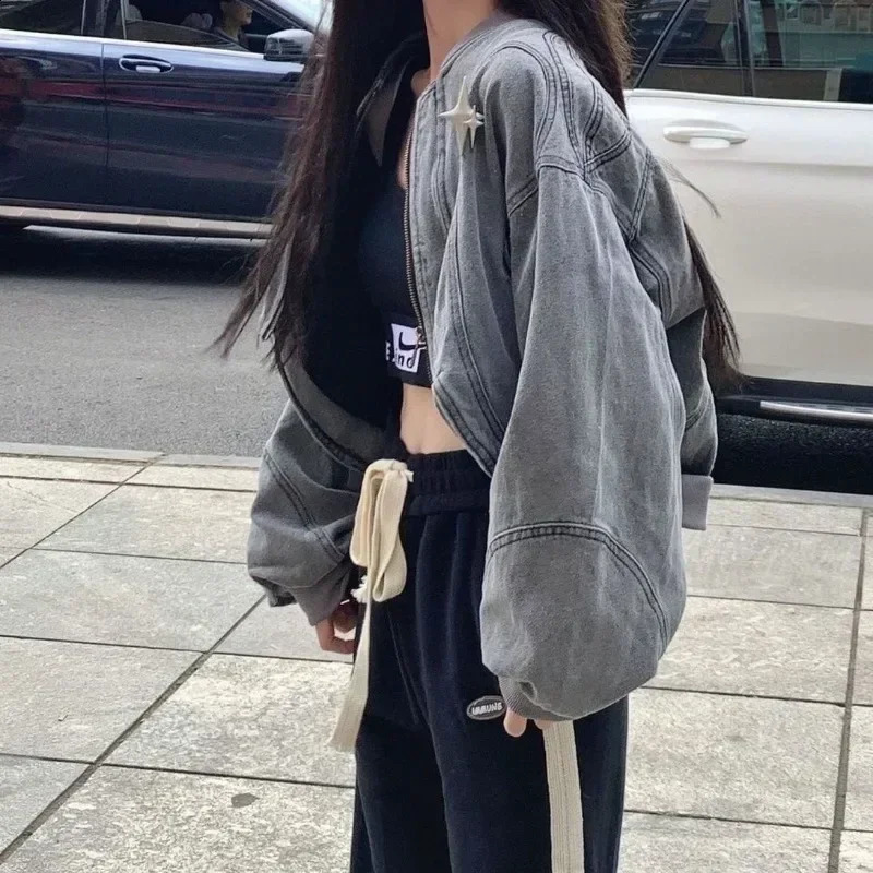 ZMZBCH Grey Women Denim Jackets Y2k Cross Crop Oversize Zip Jackets Coat Hippie Streetwear 90s Harajuku Womens Clothing 240813