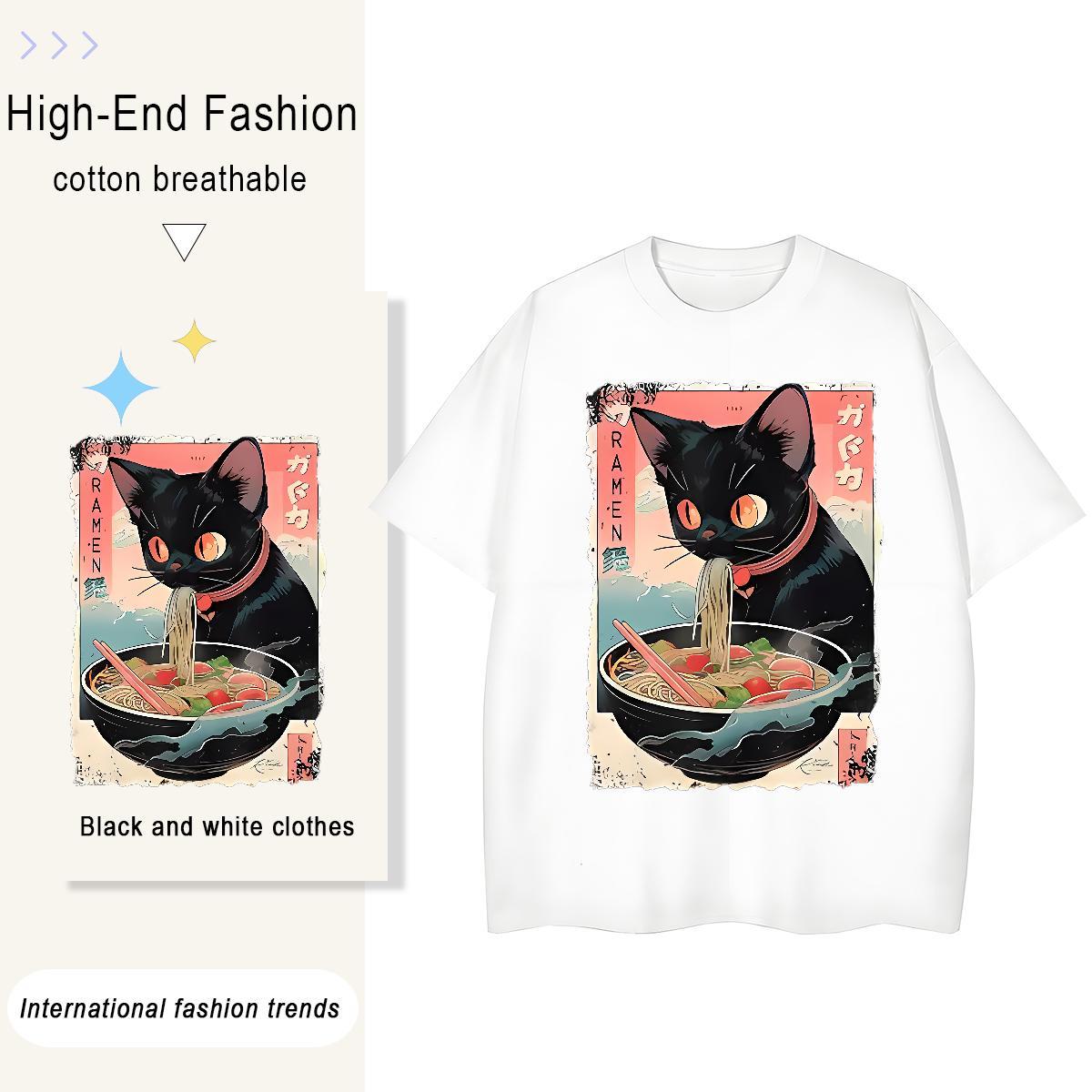 Custom Tshirt for Man Woman The cat eats ramen noodles Home Outdoor 230g 100% Cotton Tees Short Sleeve O-Neck Brand Man T Shirts DIY Printed