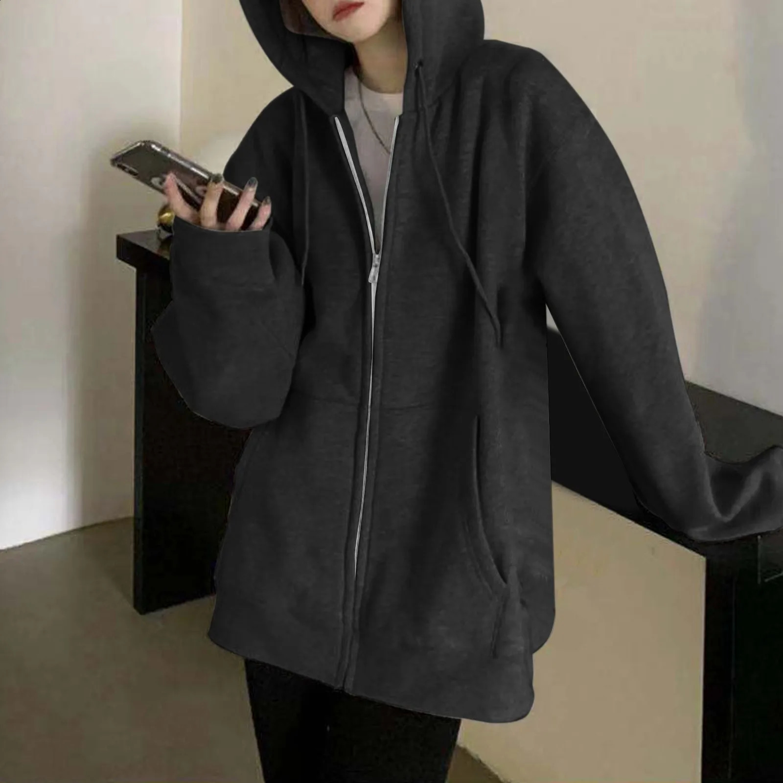 Ladies Hooded Sweatshirt Jacket Harajuku Fashion Solid Color Loose Zip Up Jacket Long Length Outwear Tops For Women Y2k Tops 240824