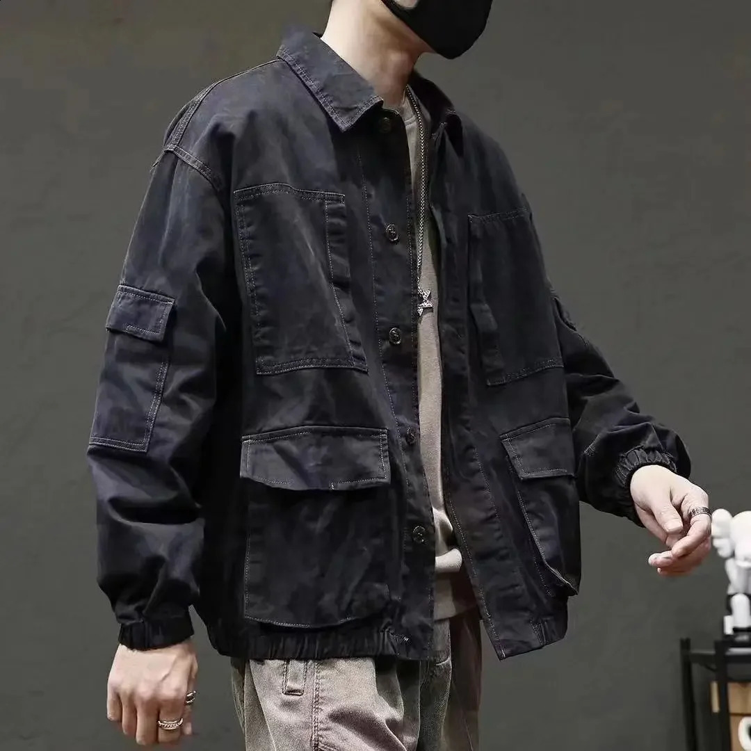 Mens jeans jacket khaki cargo denim mens autumn retro trend Korean onepiece clown fabric G 240824