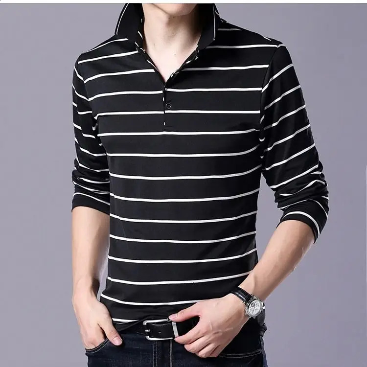 Korean High-end Pure Cotton Long Sleeved PoloT Shirt Slim Lapel Button Business Casual Black and White Striped High Elastic Top 240824