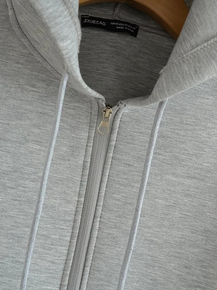 Winter Women Fashion Casual Zipper Hoodie High Vintage Street Style Solid Long Sleeve Pockets Loose Outerwear Top 240824