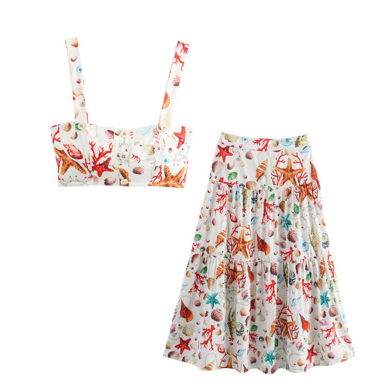 Womens Summer Printed Camisole Top+skirt Set