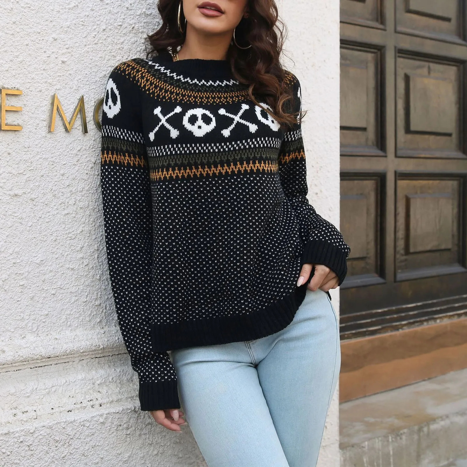 Halloween Loose Retro Knitted Sweater Polka Dot Print Long Sleeved Casual Pullover Round Neck Autumn Winter Jumper Women 240824