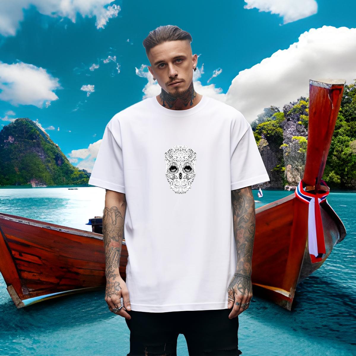 Free Shipping Men T Shirts 230g Cotton skull Street Wear Cartoon Printing L-4XL Round Neck Short Sleeve Men Tshirts Designer Fashion Tee Shirt