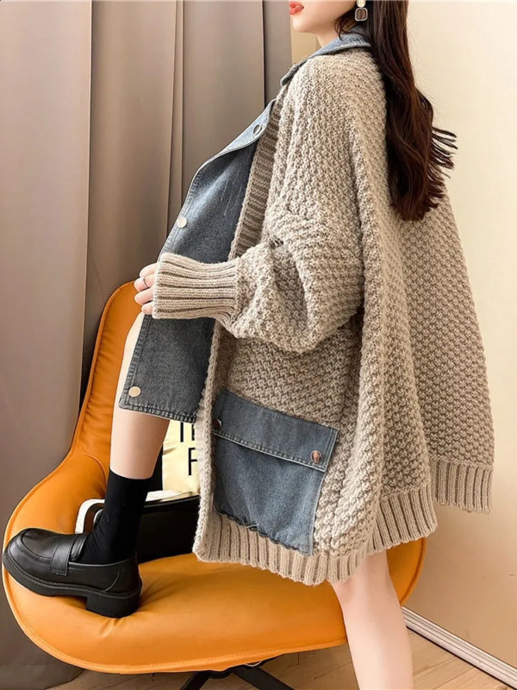 2023 Autumn Winter Arrivals Denim Stitched Sweater Coat Womens Loose Thickened Knitted Cardigan Top Women 240824